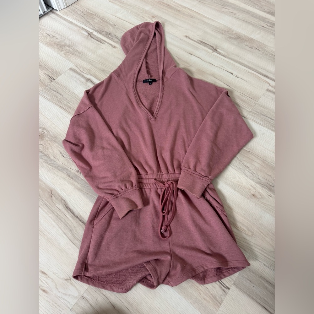 Lulu's Dusty Rose Hooded Long-Sleeve Lounge Romper
